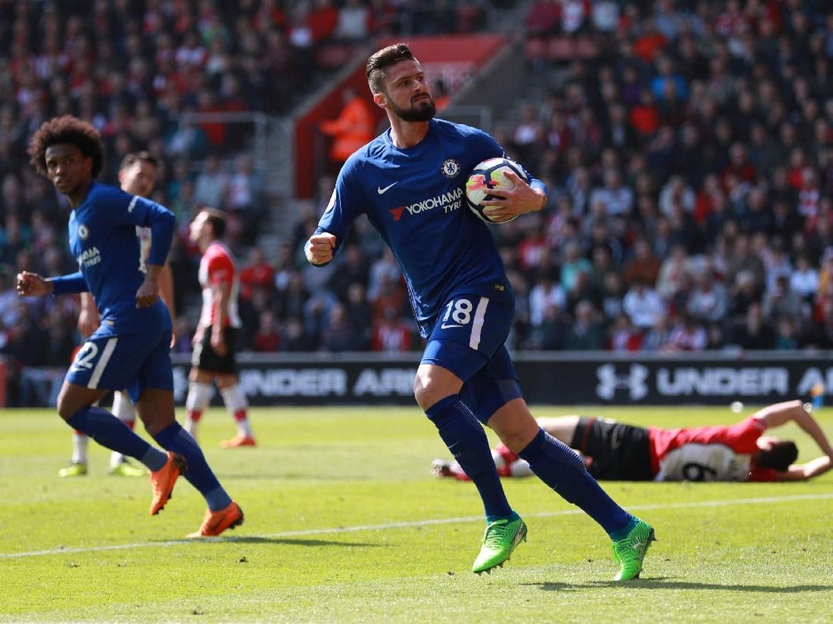 Penyerang Chelsea Olivier Giroud merayakan golnya ke gawang Southampton. (Foto: Ian Walton/Reuters)