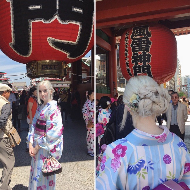 Gadis berambut silver ini jadi viral setelah fotonya menggunakan kimono tersebar di dunia maya. Saat itu rambut silvernya disanggul dan ia menggunakan kimono di Jepang.  Foto: ist.