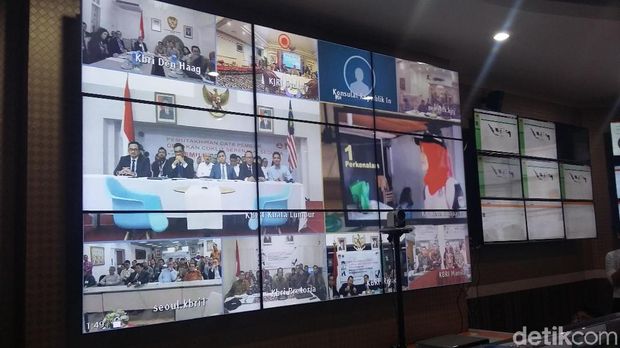 Video conference terkait coklit pemilih luar negeri di gedung KPU, Jakarta, Selasa (17/4/2018)