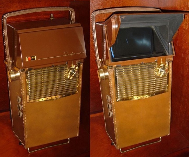 TV portable pertama di dunia, Philco Safari yang diproduksi pada 1959. Beratnya mencapai 6,8 kg dengan layar 2 inchi, serta baterainya dapat diisi ulang. Foto: Dok. Gizmodo