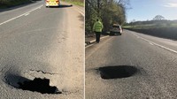 Lubang menganga (sinkhole) tiba-tiba muncul di jalanan Wales, Inggris. Tak mau mengambil resiko, Polisi memutuskan menutup sementara jalan-jalan tersebut. (Foto: Dok. Twitter @DyfedPowys)