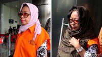 Begini penampilan dari eks Kepala BPKAD Kendari Fatmawati Faqih saat mengenakan jilbab yang berbeda saat masuk dan keluar gedung KPK, Jakarta, Jumat (20/4/2018).