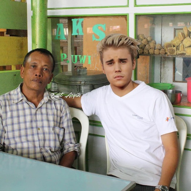 Begini kira-kira gaya Justin Bieber saat nongkrong di warung bakso. Foto: Instagram/@editasyik