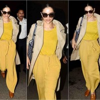 Serba kuning menjadi airport style Deepika Padukone. Dia menambagkan trench coat Burberry dan tas Goyard pada penampilannya di bandara Mumbai ini. Foto: Dok. Instagram viralbhayani, Instagram Deepika Padukone FC