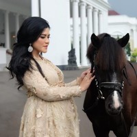 Pose bersama kuda istana, wajah Kahiyang Ayu dipulas makeup bernuansa cokelat. Memberi kesan hangat dan cantik. Netizen pun banyak menyebutnya bumil cantik pada kolom komentar. Foto: Instagram/@bennusorumba