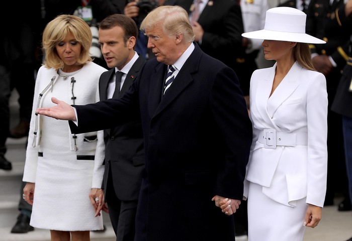 Melania Trump WASHINGTON, DC - APRIL 24: U.S. President Donald Trump (2nd R) and U.S. first lady Melania Trump (R) welcome French President Emmanuel Macron (2nd L) and his wife Brigitte to the White House during a state arrival ceremony April 24, 2018 in Washington, DC. Macron and Trump are scheduled to meet throughout the day to discuss a range of bilateral issues as Trump holds his first official state visit with the French president.
(Photo by Chip Somodevilla/Getty Images)