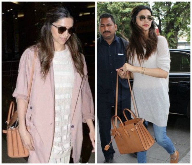 Tas Saint Laurent berwarna cokelat menjadi airport style Deepika Padukone yang sekarang ini termasuk salah satu aktris dengan bayaran tertinggi di India. Foto: Dok. Instagram viralbhayani, Instagram Deepika Padukone FC