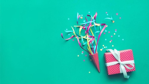 Celebration,party backgrounds concepts ideas with colorful confetti,streamers and gift box.Flat lay design
