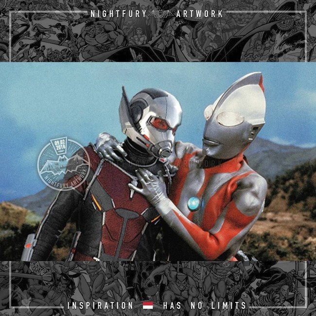 Nggak ada yang nyangka kalau Ant Man dan Ultra Man ternyata teman akrab. Foto: Instagram/@nightfury_artwork