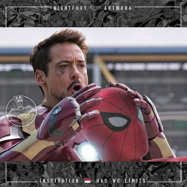Waduh, Tony Stark salah pakai topeng! Bukannya topeng Iron Man malah Spider-man. Foto: Instagram/@nightfury_artwork