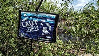 Tulisan laut bukan tempat sampah dipasang di kawasan mangrove karena banyaknya warga yang membuang sampah ke laut.