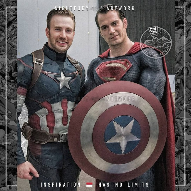 Ketika leader Marvel Universe dan DC Comics foto bersama. Siapa lebih macho, Captain America atau Superman? Foto: Instagram/@nightfury_artwork