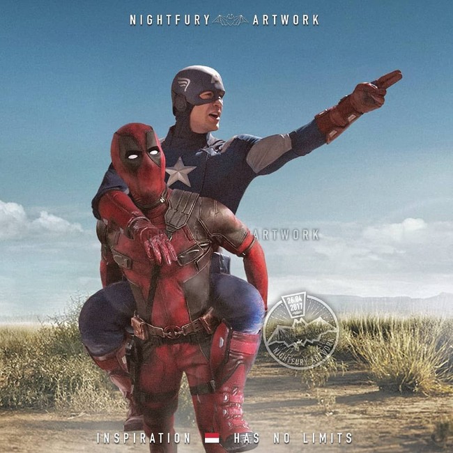 Akrab banget. Captain America dan Deadpool main gendong-gendongan. Sedang cari apa ya mereka berdua? Foto: Instagram/@nightfury_artwork
