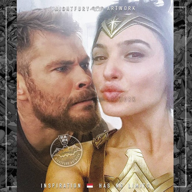 Thor yang iseng banget ganggu Wonder Woman lagi selfie. Foto: Instagram/@nightfury_artwork