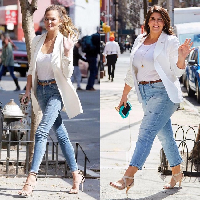 Benar saja, menirukan gaya Chrissy Teigen, Meghan Markle, Dakota Jonson, hingga Kendall Jenner, Katie terlihat tidak masalah dengan tubuh plus size-nya. Ia justru terlihat fashionable. Foto: Instagram/the12ishstyle