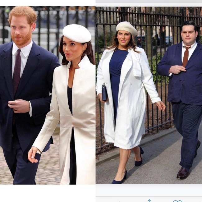Salah satu fotonya yang jadi viral adalah foto Katie Sturino menirukan gaya Meghan Markle dan Pangeran Harry. Ia berduet dengan Ryan Dziadul blogger pria bertubuh plus size juga. Foto: Instagram/the12ishstyle
