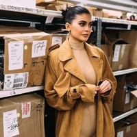 Saat pose di depan kardus, Kylie Jenner tetap membuat busananya senada berwarna coklat. Foto: Istimewa