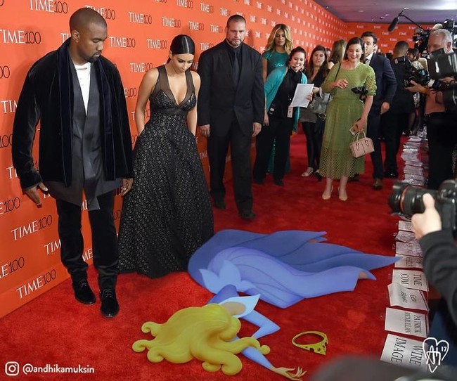 Sleeping Beauty terjatuh, atau mungkin tertidur di depan Kanye West dan Kim Kardashian. Foto: Dok. Instagram/Andhika Muksin