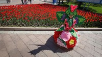Seorang anak ikut meramaikan festival dengan mengenakan busana bernuansa bunga tulip. REUTERS/Shamil Zhumatov.