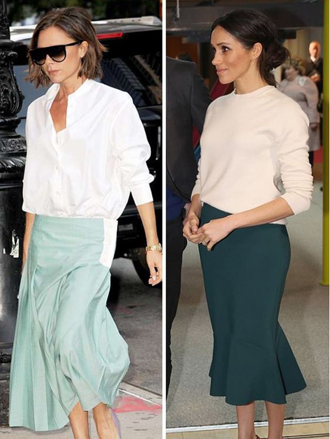 Penampilan ini juga tampak serupa. Khususnya pilihan rok hijau dengan aksen lipit di bagian bawah. Foto: Istimewa