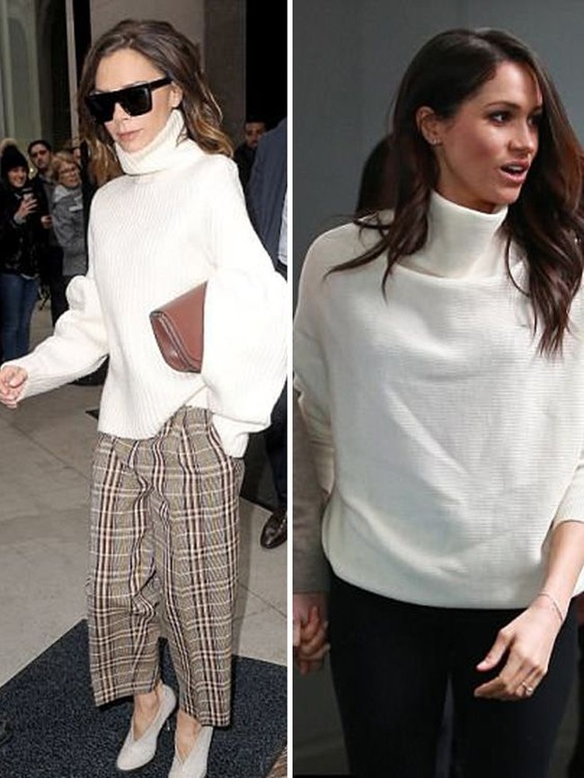 Meghan Markle tertangkap kamera memakai sweater turtleneck berukuran besar dari AllSaints. Penampilan serupa pernah dipakai Victoria Beckham sebelumnya, memakai rancangannya sendiri.Foto: Istimewa