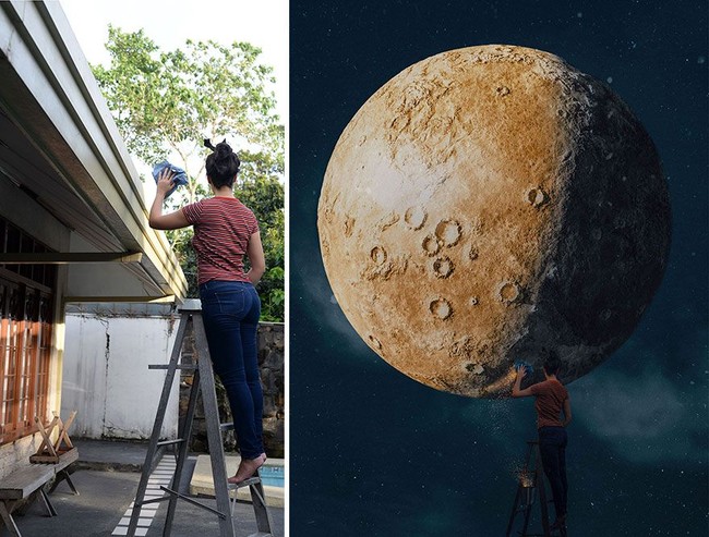 Seperti pemotretan di belakang rumah berikut. Menggunakan sebuah tangga dan sejumlah editan, Katrina terlihat seperti menggapai bulan. Foto: Boredpanda