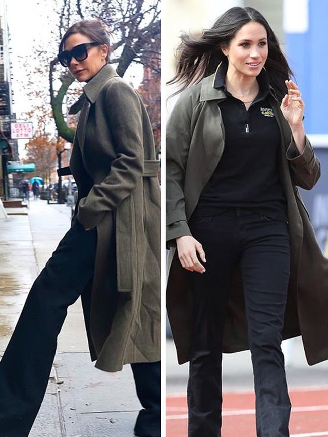 Begini tampilan kasual ala Meghan dan Vic. Padu padan atasan dan celana hitam, juga coat hijau untuk tampil stylish. Foto: Istimewa