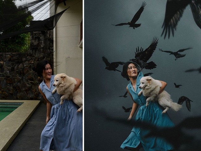 Dari sejumlah foto belakang layar yang ditampilkannya, Katrina terlihat melakukan pemotretan di belakang rumah, jendela, hingga kolam renang. Foto: Boredpanda