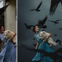 Dari sejumlah foto belakang layar yang ditampilkannya, Katrina terlihat melakukan pemotretan di belakang rumah, jendela, hingga kolam renang. Foto: Boredpanda