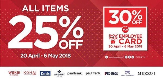 Bukan hanya situs belanja, brand-brand internasional juga mengadakan program sale terkait hari buruh 2018. Sejumlah merek di bawah Metroxgroup pun patut Anda lirik. Hingga 6 Mei 2018, Anda bisa mendapati produk Keds, Kohai, Mezzo, Paul Frank, PRO-Keds, Shaga, Sperry, The Little Things She Needs, hingga Wakai. Potongan harga yang diberikan hingga 30%. Foto: Dok. Metroxgroup