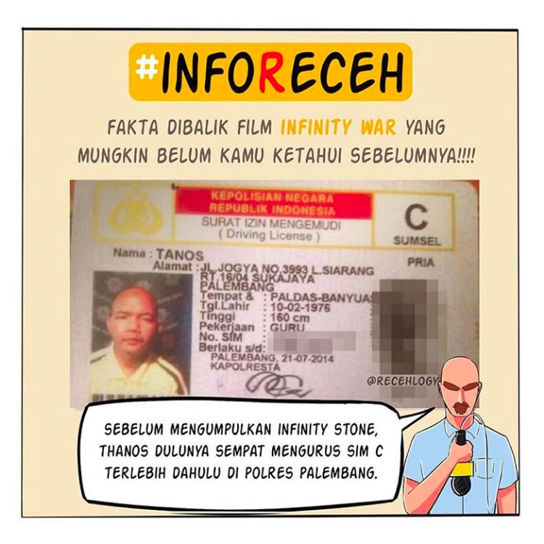 Tanos punya SIM C. Foto: Screenshot Instagram/@recehlogy Tanos punya SIM C. Foto: Screenshot Instagram/@recehlogy