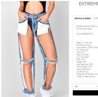 Celana jeans ini seperti digunting sendiri hingga hanya tersisa bagian jahitan saja. Tapi bukan, ini bukan hasil gunting sendiri, melainkan jeans baru dari label Carmar Denim yang dijual Rp 2,3 juta. Foto: Dok. Carmar Denim