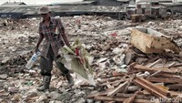 Menurut warga setempat, akibat cuaca buruk banyak nelayan di Muara Angke berprofesi menjadi pemulung sampah plastik atau anorganik.