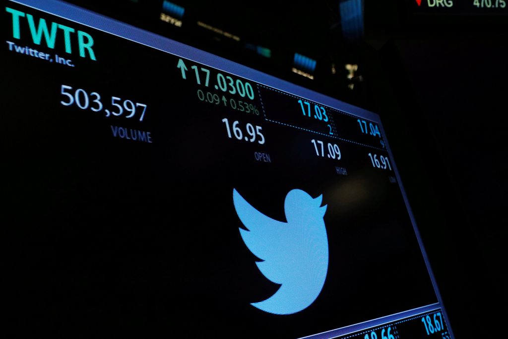 FILE PHOTO: A screen displays the stock price of Twitter above the floor of the New York Stock Exchange (NYSE) shortly after the opening bell in New York, NY, U.S., January 31, 2017.  REUTERS/Lucas Jackson/File Photo