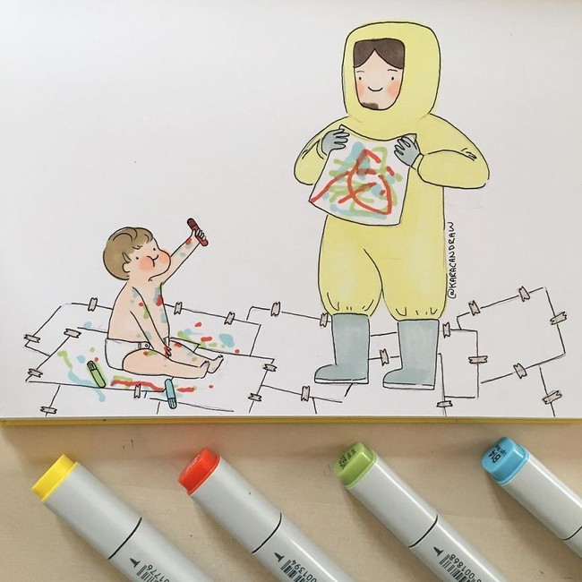 Siap siaga ketika mewarnai bersama sang anak yang usianya hanya dua tahun. Tolong jangan sentuh aku dengan spidol itu, batin si ibu. Foto: Instagram/@karacandraw