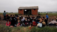 Mereka dibagi menjadi beberapa kelompok untuk kemudian dibawa ke pusat pengungsian di Yunani secara berkala dengan menggunakan truk polisi. Alkis Konstantinidis/Reuters.