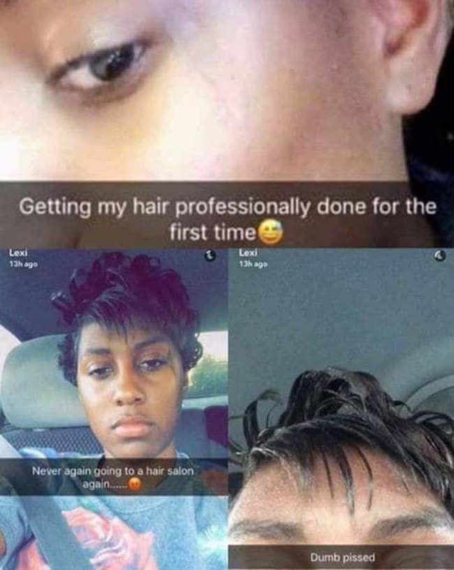 Wanita ini memutuskan untuk mencoba makeover rambut di salon untuk pertama kalinya. Setelah mendapat hasil yang tak sesuai harapan, sepertinya ia tak akan pernah mencoba ke salon lagi. Foto: Instagram @randall_414_