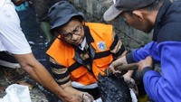 Dalam beberapa foto itu menunjukkan Anies ikut nyemplung di dalam got untuk menyerok lumpur. Di foto lainnya Anies terlihat membantu petugas untuk memegangi karung (Foto: Dok. Instagram Anies Baswedan)