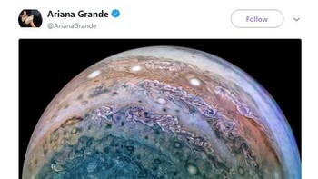 Lewat akun Twitter miliknya, penyanyi cantik Ariana Grande awalnya mengaku tak ada yang lebih indah dari Jupiter. Foto: Twitter