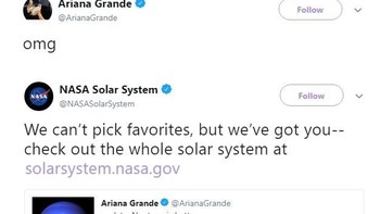 Tak disangka, kicauannya tersebut ternyata mendapat respons dari NASA. Ariana pun tampak kaget melihatnya. Foto: Twitter