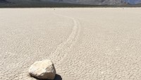 Batu-batu di Racetrack Playa, Taman Nasional Death Valley bikin penasaran karena ada garis di belakangnya yang menjadi jejak pergerakan (pappmelinda/Instagram)