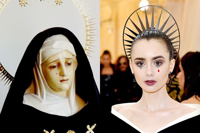 Makeup unik Lily Collins mengambil ide dari lukisan Our lady of Sorrows. Foto: Ist.