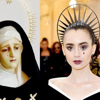 Makeup unik Lily Collins mengambil ide dari lukisan Our lady of Sorrows. Foto: Ist.