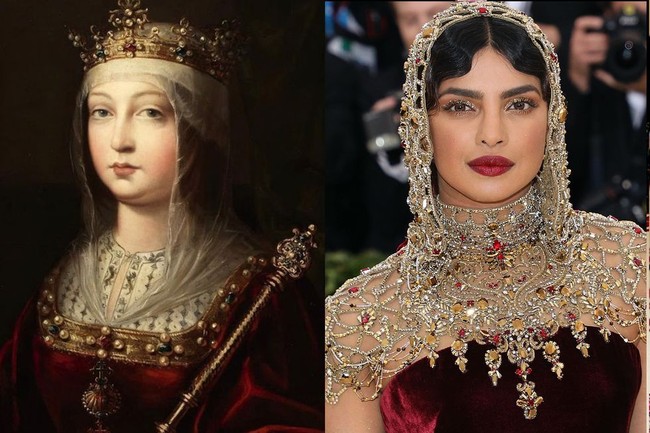 Gaun velvet warna burgundy dan aksesori emas Priyanka chopra terinspirasi dari Isabella de Castile. Foto: Ist.
