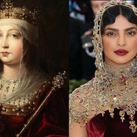 Gaun velvet warna burgundy dan aksesori emas Priyanka chopra terinspirasi dari Isabella de Castile. Foto: Ist.