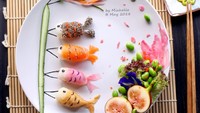 Karyanya yang satu ini dibuat empat hari yang lalu. Ia sengaja membuat sushi berbentuk koinobori alias layangan Jepang untuk merayakan Hari Anak di Jepang. Foto: Instagram @foodmakesfun