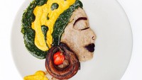 Ini hasil karya seni Hanefaah saat menggabungkan makanan ewedu dan gbegri jadi potret wanita dengan nuansa budaya Nigeria yang kental. Foto: Instagram @muslimahanie