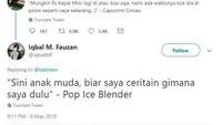 Komentar yang dilayangkan ini seolah curahan hati makanan yang pernah populer pada masanya. Sini anak muda, biar saya ceritain gimana saya dulu - Pop Ice Blender tulis netizen @iqbalMF. Foto: Istimewa
