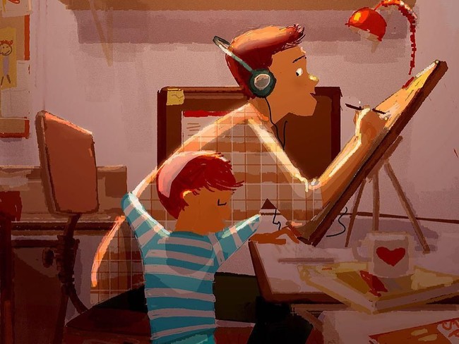 Jadi seorang ayah yang tengah sibuk melakukan pekerjaan di rumah harus siap menghadapi gangguan kecil dari sang buah hati yang ingin bermanja-manjaan dengannya. (Foto: @pascalcampionart)