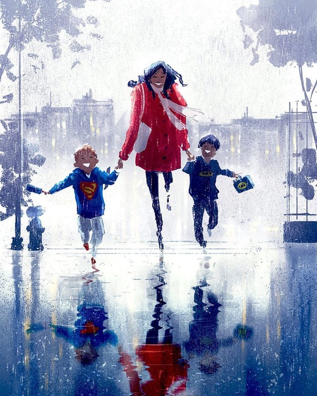 Kehujanan jadi salah satu hal yang menyebalkan, tapi jika kehujanan bersama buah hati mungkun jadi salah satu hal yang mengasyikkan. (Foto: @pascalcampionart)